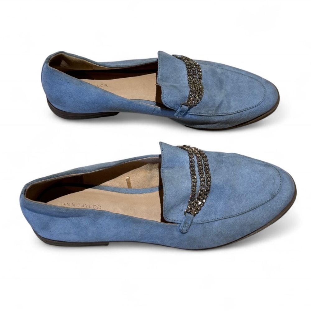 Ann Taylor Factory Light Blue Suede Loafers with Chain Detail